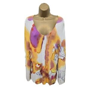 Multicolor Artsy Knit Tunic Womens Lg Watercolor Office Career Stretch Boho Luxe